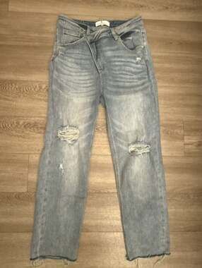 Risen Jeans Women's High Rise Criss-Cross Waist Distressed Straight Leg Jeans